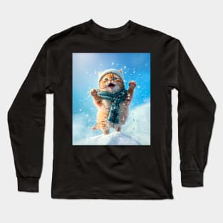 Happy cute kitten snow jump Long Sleeve T-Shirt